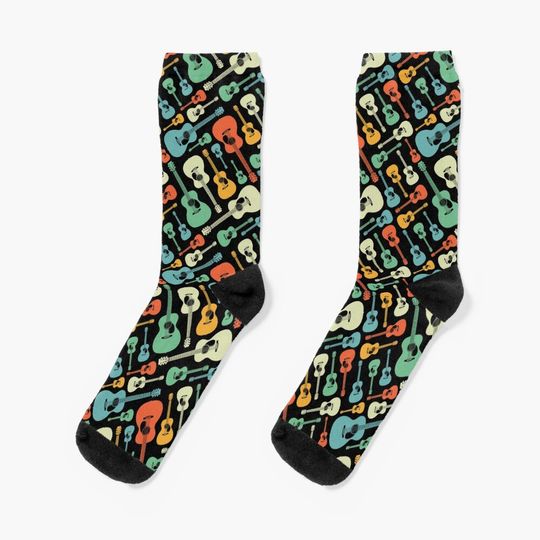 Discover Acoustic Guitar Seamless Pattern Retro Theme Socks