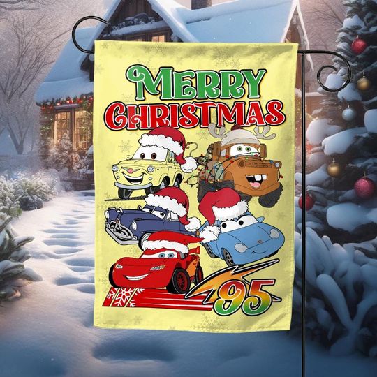 Discover Disney Cars Christmas Garden Flag, Holiday Family Yard Flag,Retro Lightning Mcqueen Christmas Banner,Festive Disney Style Decor JCSK35