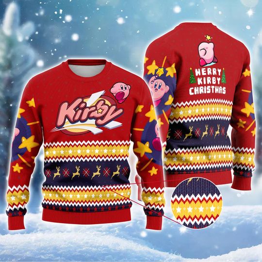 Cute Kirby Ugly Christmas Sweater, Pink Kirkby Christmas Sweater
