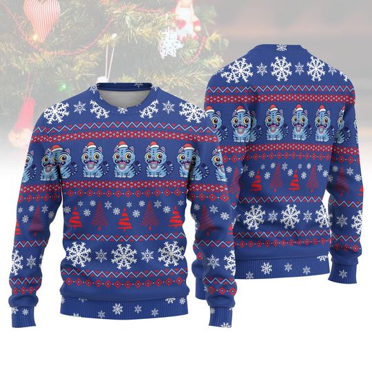 Derpy Tiger Snowflake Ugly Christmas Sweater, Funny Holiday Sweatshirt, Tiger Kp0p Xmas Gift for Kids, Christmas Neon Tiger Gift