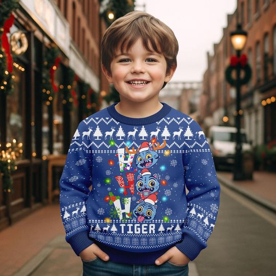 Ho Ho Ho Tiger Christmas Ugly Sweater, Costume Name Tiger Sweater, Derpy Tiger Christmas Sweater, Cute Tiger Xmas Gift, Kid Sweater