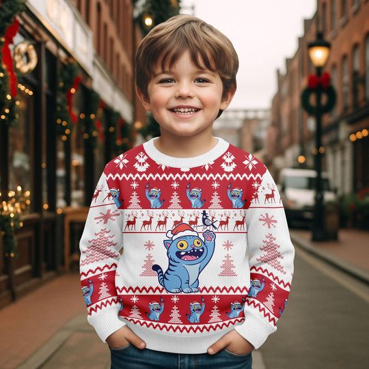 Derpy Tiger Christmas Sweater, Funny Blue Ugly Sweater, Cute Holiday Sweater, Cartoon Tiger Xmas Sweater, Cozy Winter Gift for Him Her