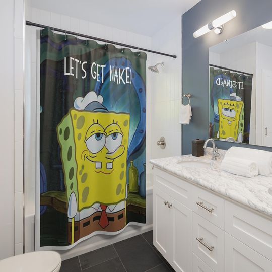 Discover Funny SpongeBob Shower Curtains, Let's Get Naked Bathroom Decor, Unique Gift for Joke-Loving Friends, Cartoon Character, Bathroom