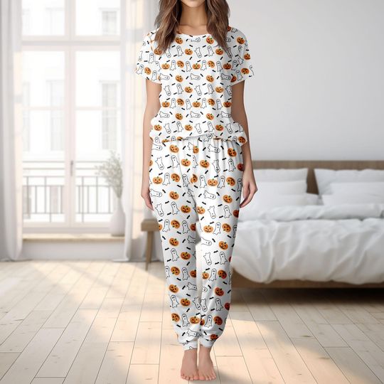 Discover Halloween Ghost Pumpkin Tshirt Pants Set, Trick or Treat Tshirt, Halloween Pajamas, Ghost Sleepwear, Spooky Gift, Halloween Gift