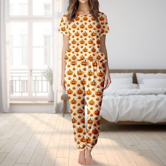Discover Pumpkin Face Tshirt Pants Set, Jack O Lantern Tshirt, Halloween Pajamas, Pumpkin Sleepwear, Fall Halloween Gift, Halloween Party Gift