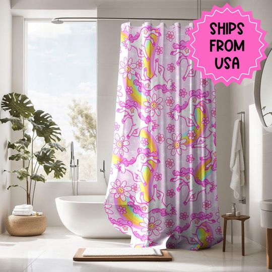 Discover Personalized Shower Curtain Pink Unicorn gift, shower curtain kids, custom shower curtain, colorful kids decor, dopamine decor