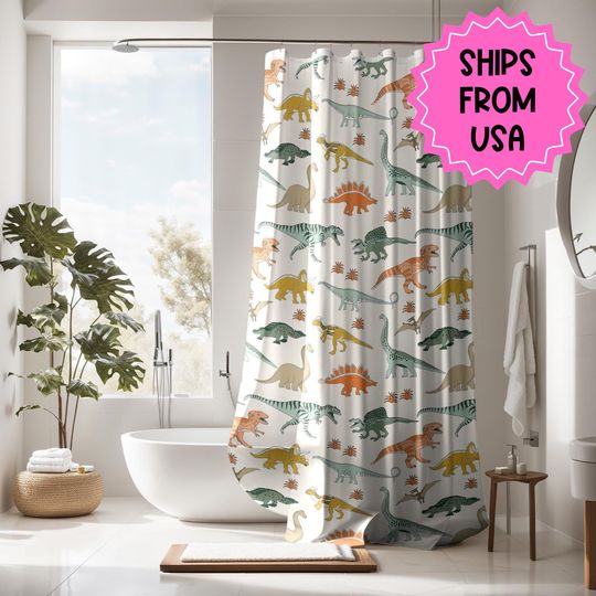 Discover Boys Shower Curtain Personalized dinosaur, kids shower curtain, shower curtain neutral boys dinosaur decor, birthday boy gift housewarming