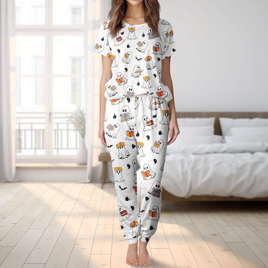 Discover Cute Ghost Tshirt Pants Set, Halloween Ghost Bookish Tshirt, Cartoon Sleepwear, Ghost Pajamas, Spooky Halloween Gift, Gift For Women
