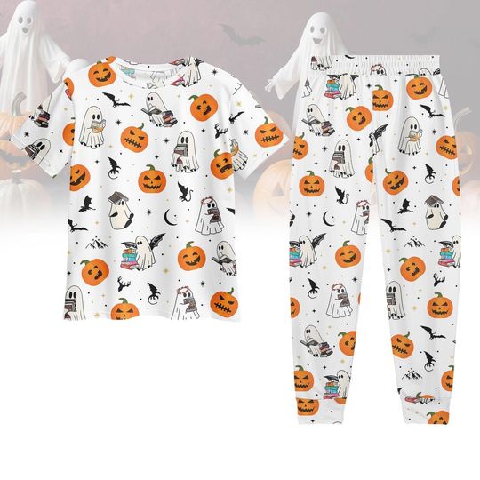 Discover Ghost Reading Books Tshirt Pants Set, Pumpkin Halloween Pjs, Teacher Librarian Halloween Gift, Halloween Book Lover, Halloween School