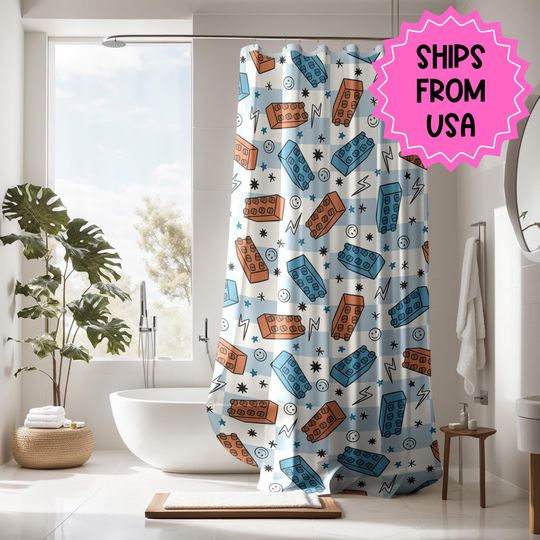Discover Boys Shower Curtain Blocks, Personalized boys bathroom shower kids curtain checkered, custom shower curtain, kids bathroom decor boys gift