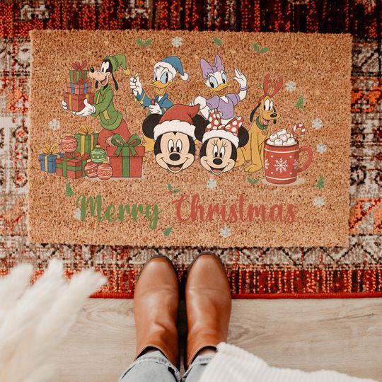 Discover Disney Merry Christmas Doormat, Mickey and Friends Door Mat, Christmas Mickey Welcome Mat, Holiday Home Decoration, Christmas Gift
