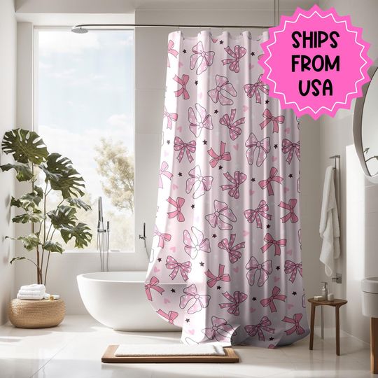 Pink Bow Shower Curtain Coquette decor, custom trendy coquette bathroom decor, preppy shower curtain, aesthetic bathroom decor