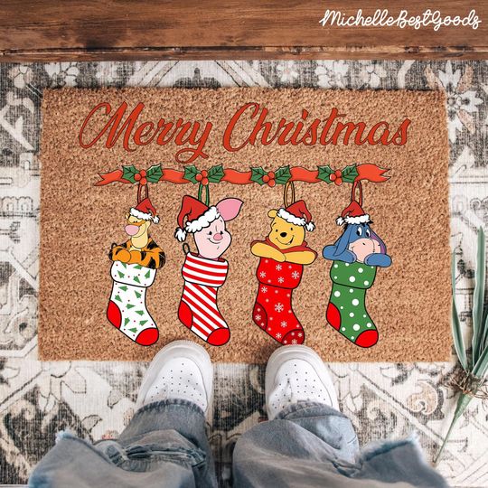 Discover Merry Christmas Stocking The Bear Dis.ney Christmas Doormat, Cute Dis.ney Xmas Coir, Funny Bear Magic Castle Christmas, Housekeeping Gifts