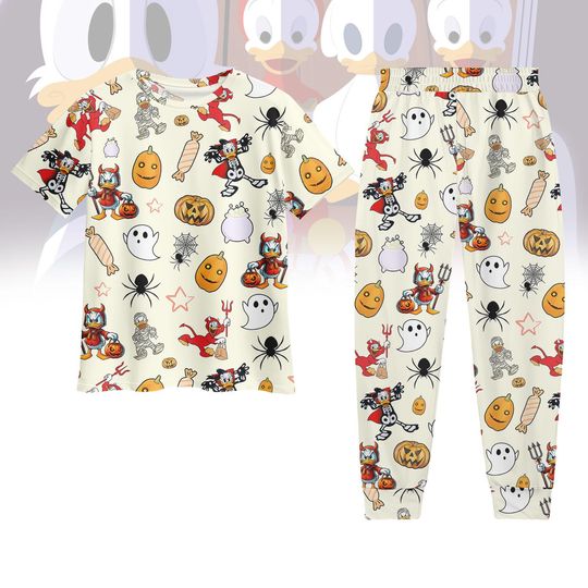 Halloween Duck Trick or Treat T-Shirt Pants Set, Cute Ghost Pumpkin Bat Outfit, Spooky Pajama Loungewear Costume, Halloween Duck Gift