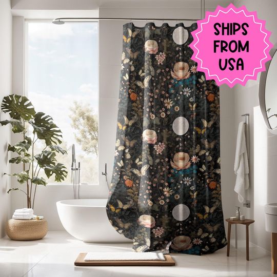 Discover Dark Cottagecore Black Botanical Shower Curtain, Moody Dark Academia, Vintage Apothecary Witchy Eclectic Maximalist Bathroom Decor
