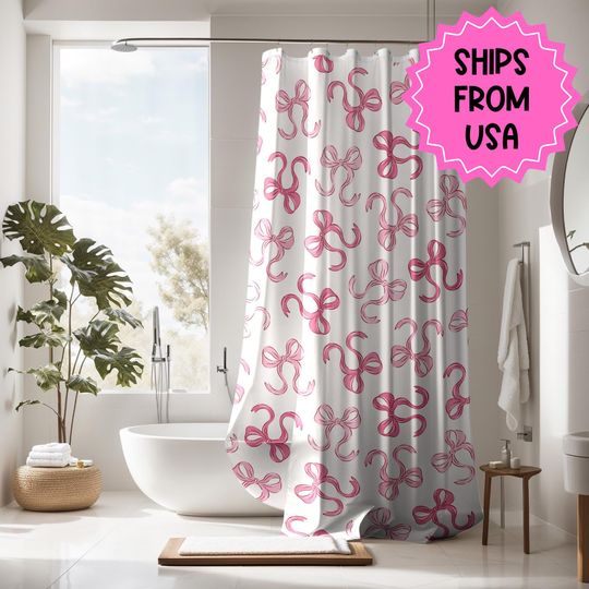 Pink Bow Shower Curtain Coquette decor, custom trendy coquette bathroom decor, preppy shower curtain, aesthetic bathroom decor