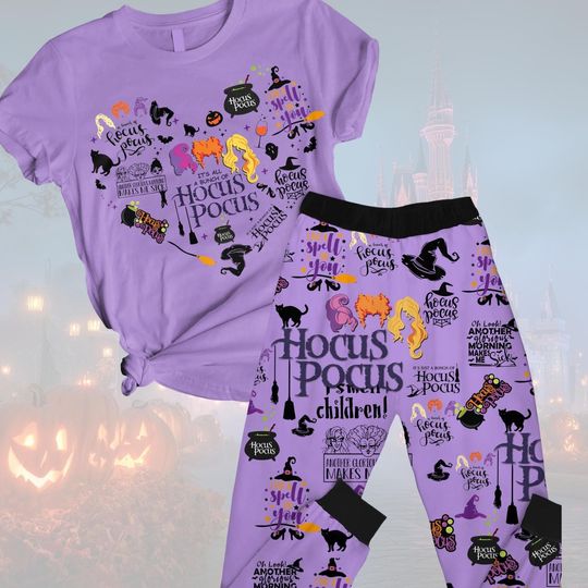 Discover Halloween Hocus Pocus Pajamas Set, Vintage Sanderson Sisters Witch Shirt, Women's Pants, Disney Halloween Spooky Season Pjs
