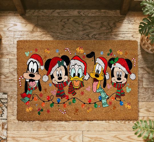 Discover Mickey & Friends Christmas Doormat, Disney Xmas Lights Welcome Mat, Wdw Holiday Home Entrance Decor, Magical Festive Front Porch Coir Rug