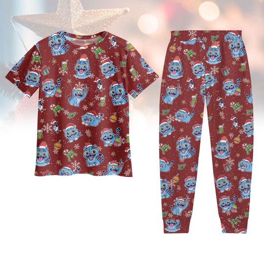 Discover Blue Tiger and Bird Christmas Pajamas, Kpop Tiger Tshirt Pants, Demon Hunter Tiger Costume Shirt, Xmas Holiday Pajamas, Gift For Her