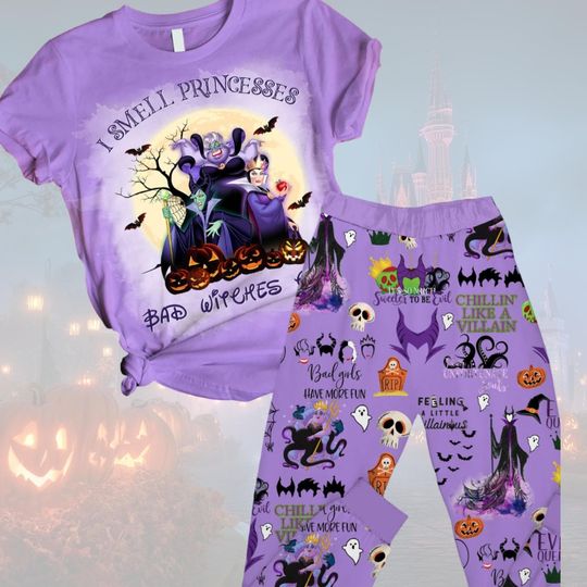 Discover Disney Villains Pajamas Set, Bad Witches Club T-Shirt, Villain Halloween Pants, Ursula Maleficent Evil Queen Pjs, Pumpkin Halloween