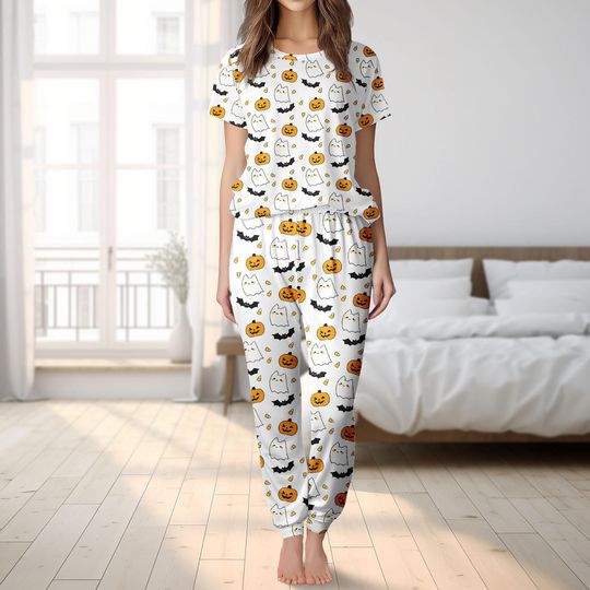 Discover Cute Ghost Pumpkin Tshirt Pants Set, Candy Corn Tshirt, Halloween Pajamas, Spooky Sleepwear, Halloween Gift, Spooky Season Gift