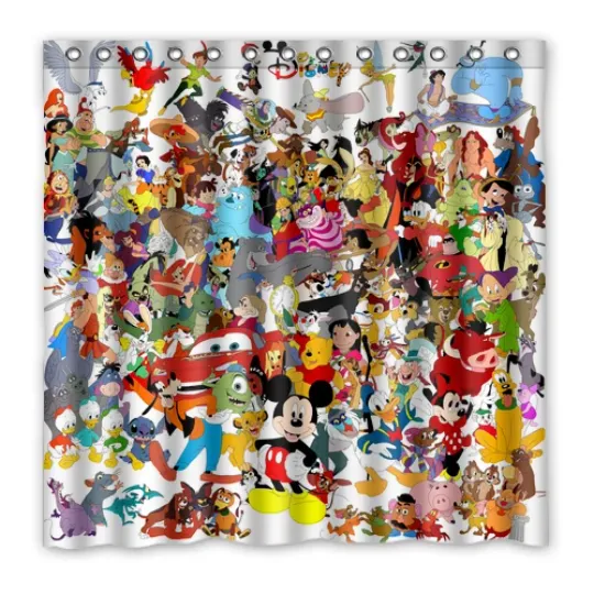 Discover Famous! Disney All Characters Print Shower Curtain Size 180 x 180 Cm With Hooks