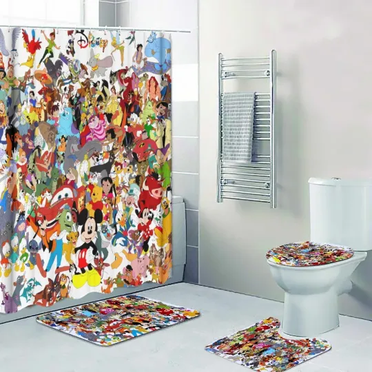 Discover New! Disney All Characters Print Shower Curtain Bath Math Toilet Lid Cover Mat