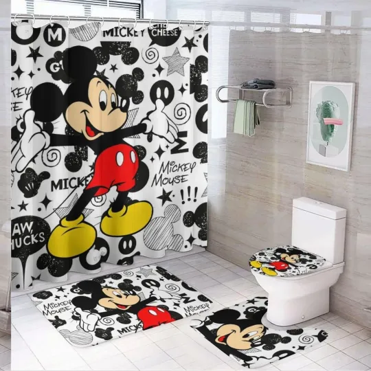 Discover 4-Piece Cartoon Shower Curtain Set with Rugs and Bath Mat