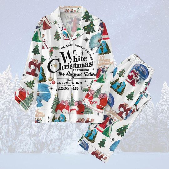 White Christmas Satin Pajama Set, Cozy Holiday PJs, Silky Winter Sleepwear, Festive Loungewear, Holiday Gift for Her