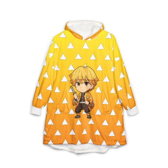 zenittsu Hooded Blanket, Japanese Style Wearable Blanket, Cartoon Cosplay Fleece Throw, Otaku Gift for Anime Fans, Cozy Comfy Lounge Robe