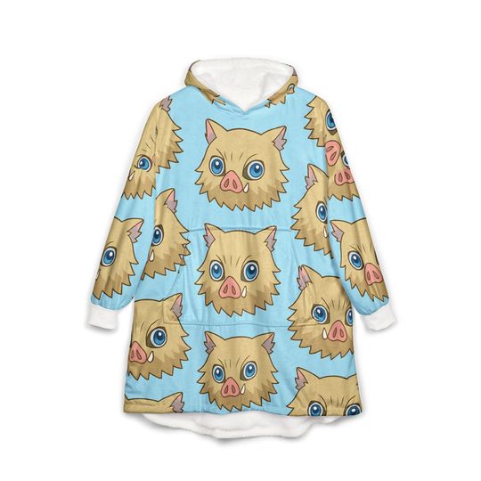 Inosuke Hooded Blanket, Japanese Style Wearable Blanket, Cartoon Cosplay Fleece Throw, Otaku Gift for Anime Fans, Cozy Comfy Lounge Robe