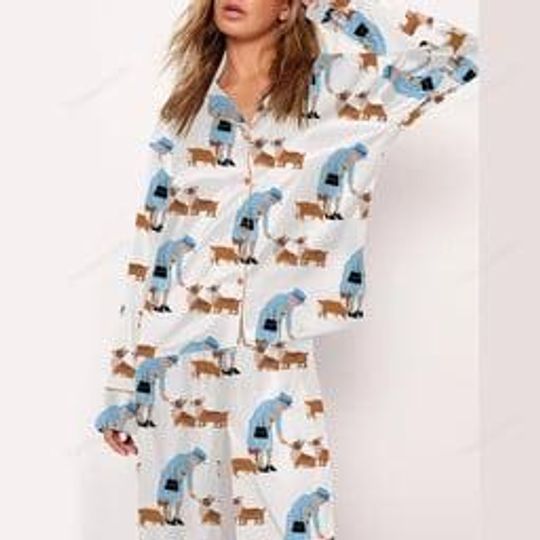 Discover Queen Elizabeth II and Her Corgis Satin Pajama Set, Royal Silky Sleepwear, Funny Dog Lover PJs, Unique Gift for Women