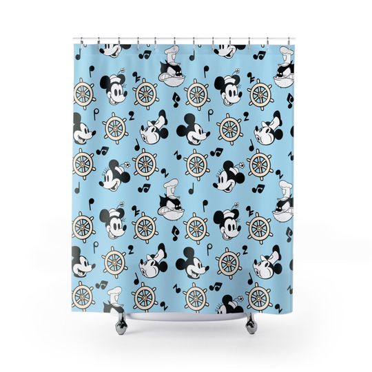 Fun Steamboat Willie Shower Curtain | Light Blue Shower Curtain | Home Decor Shower Curtain | Colorful Bathroom Refresh Gifts