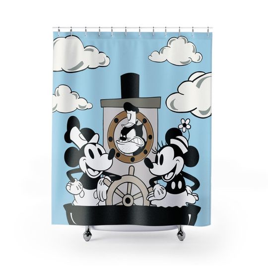 Discover Blue Steamboat Willie Shower Curtain | Fun Shower Curtain | New Home Decor Shower Curtain | Colorful Bathroom Refresh Gifts | 71x74 Inch