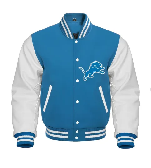 Discover Detroit Lions Sky Blue Body White Leather Letterman Jacket Varsity Jacket