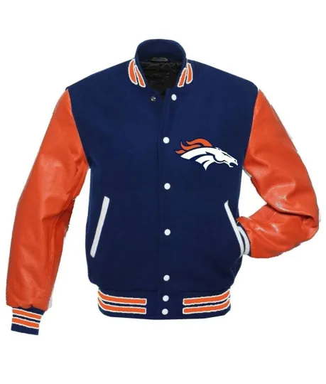 Denver Broncos Navy Blue Body Orange Letterman Jacket Varsity Jacket