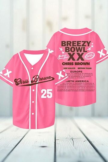 Discover Breezy Bowl XX Baseball Jersey Shirt, Chris Brown Tour Pink Jersey, Unisex Button Down Top, Hip Hop Streetwear Concert Outfit Clothing