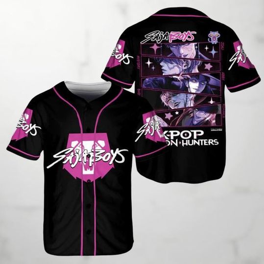 Discover KPOP Demon Hunters Baseball Jersey, Saja Boys Anime Shirt, Black Purple Baseball Shirt, Unisex Cosplay Costume Top, Kpop Fan Gift