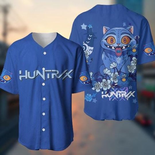 Discover Huntrxx Baseball Jersey Shirt  Blue Cat Mascot Streetwear Top  Floral Anime Aesthetic Button Shirt  Cool Kawaii Outfit for Fans