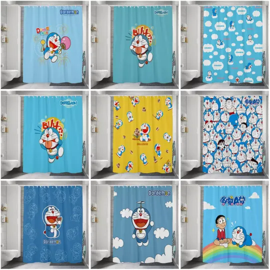 Discover Cartoon Cat Shower Curtain Bathroom Curtain With 12 Hooks Waterproof Doraemon