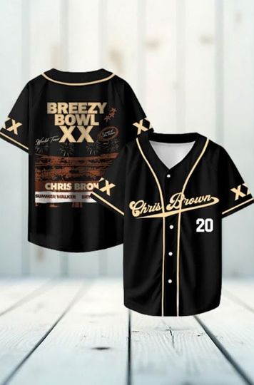 Discover Breezy Bowl XX Baseball Jersey Shirt, Chris Brown Tour Black Jersey, Unisex Button Down Top, Hip Hop Streetwear Concert Outfit Clothing
