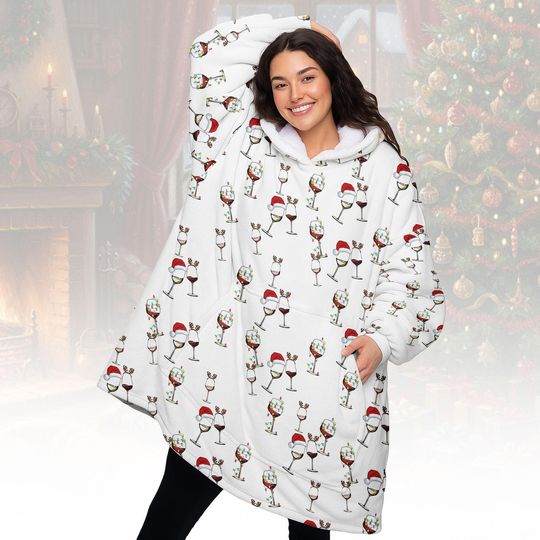 Discover Wine Glass Christmas Blanket Hoodie, Xmas Wine Red Hoodie With Pocket, Cozy Christmas Costume, Santa Hat Reindeer Shirt, Xmas Gifts