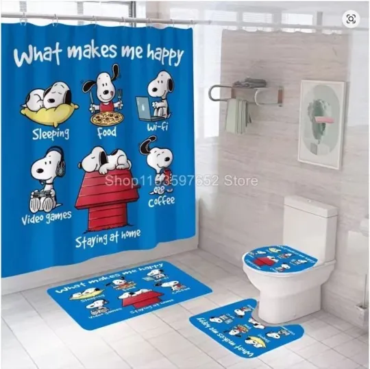 Discover Cute Snoopy Cartoon Shower Curtain Waterproof Bathroom Set Toilet Seat Mats Gift