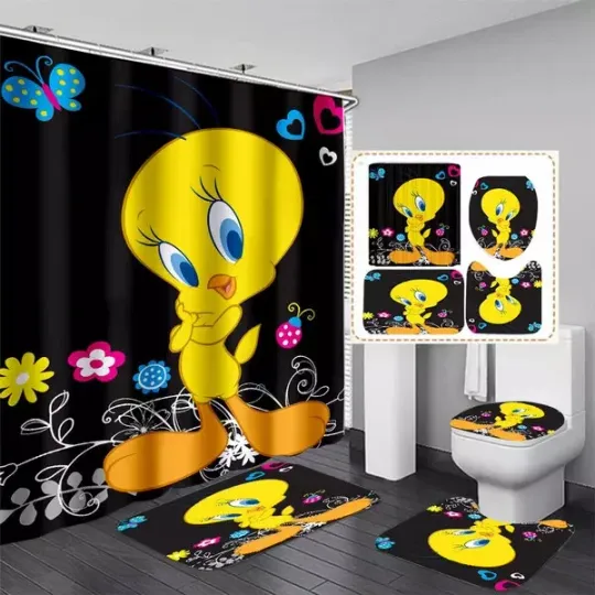 Discover Cute Tweety Bird Shower Curtain Set, Waterproof Cartoon Bathroom Decor