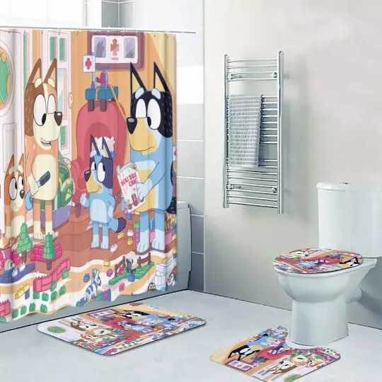 Discover Blue Family Playtime Shower Curtain Set, Waterproof,Bath Mat, Bathroom Decor