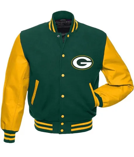 Discover Green Bay Packers Forest Green Body Gold Leather Varsity Jacket