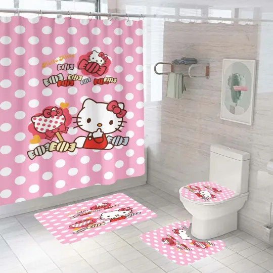 Discover Cartoon kitten Shower Curtain Bathtub Bathroom Toilet Cover Mat Set Rug