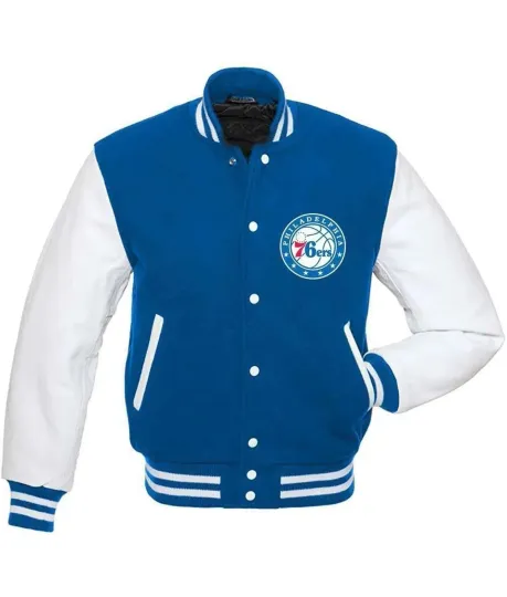 Discover Philadelphia 76ers Royal Blue Body White Leather Baseball Jacket Varsity Jacket