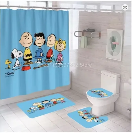 Discover Cute Snoopy Cartoon Shower Curtain Bathroom Set Toilet Seat Rugs Waterproof Gift