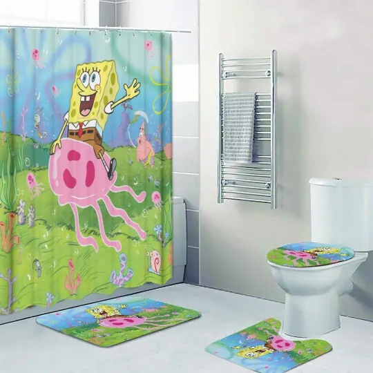 Discover New! SpongeBob Nick 90s Print Shower Curtain Bath Mat Toilet Lid Cover Mat